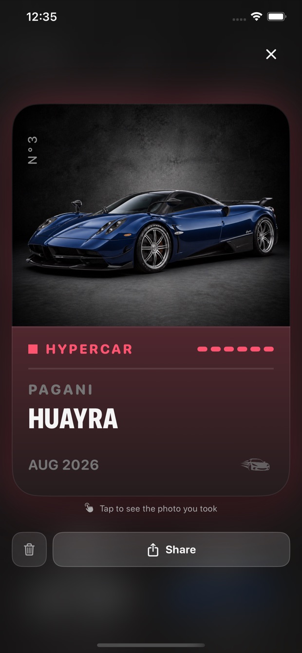 A collected car opened full screen as its card.