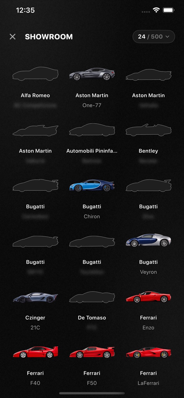 The KaChow showroom, with found cars in colour and the rest still locked.