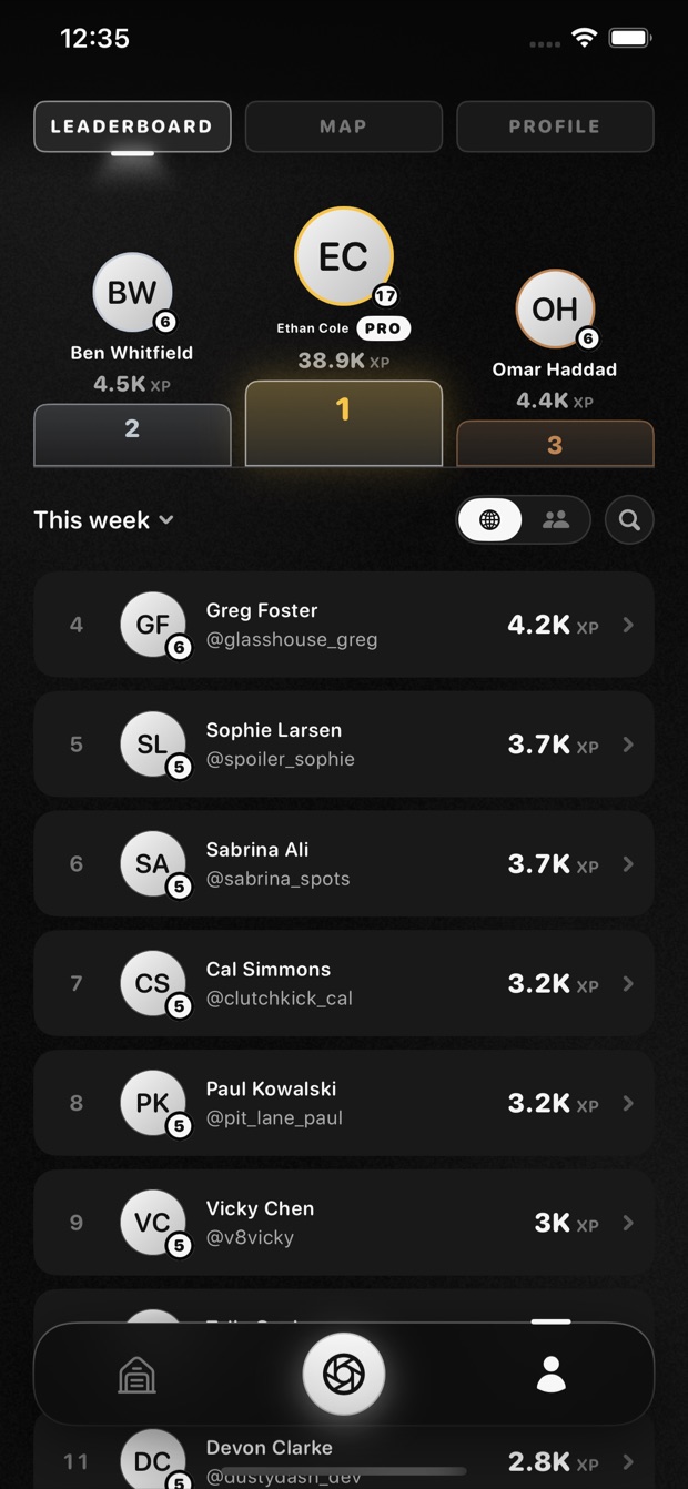 The KaChow leaderboard, ranking spotters by points.
