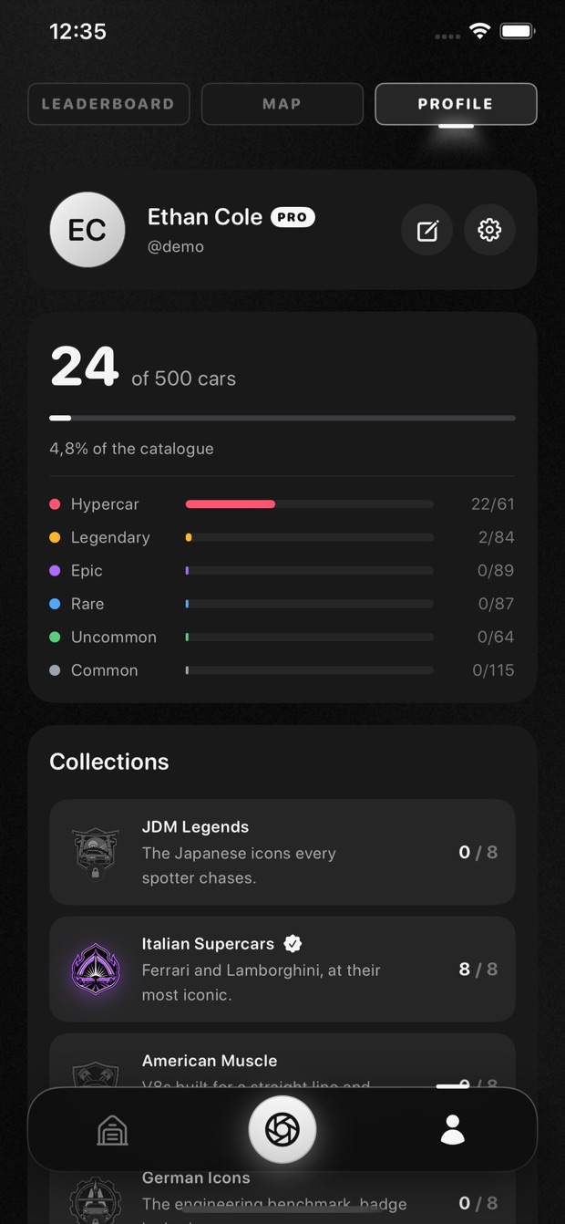 A KaChow profile, showing cars collected and progress through each tier.